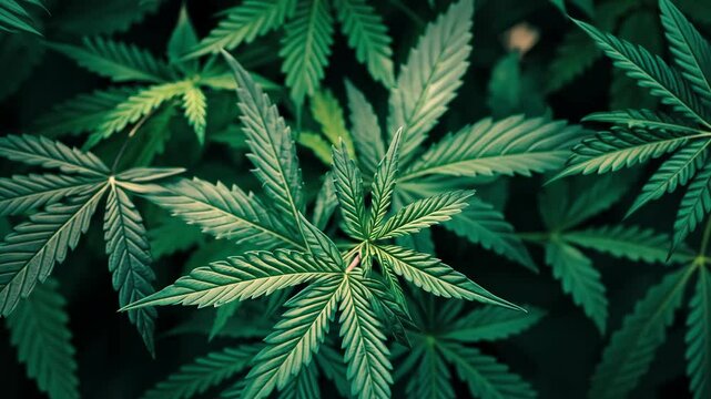 Close-up view of marijuana leaves in a dense forest setting