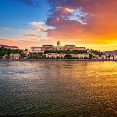 Naklejka premium famous royal palace of buda hungary in sunset