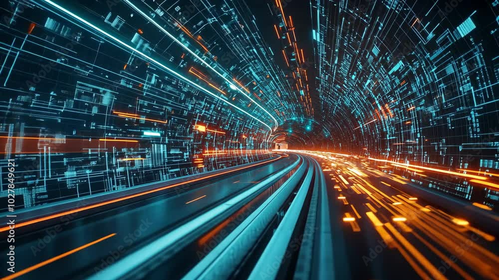 Poster a digital highway stretches into the distance, filled with glowing lines of code and data