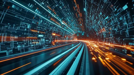 A digital highway stretches into the distance, filled with glowing lines of code and data