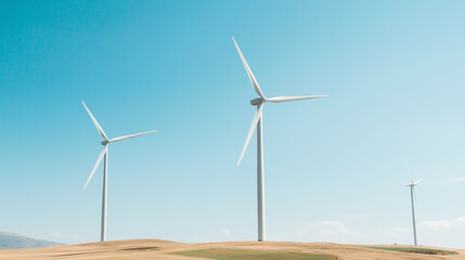 Low-angle shot of wind turbines spinning against a clear blue sky photo