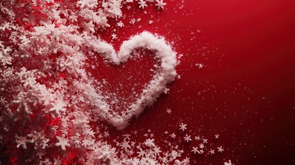 Creative winter card featuring a heart-shaped snow silhouette, falling snow, solid red background, festive concept