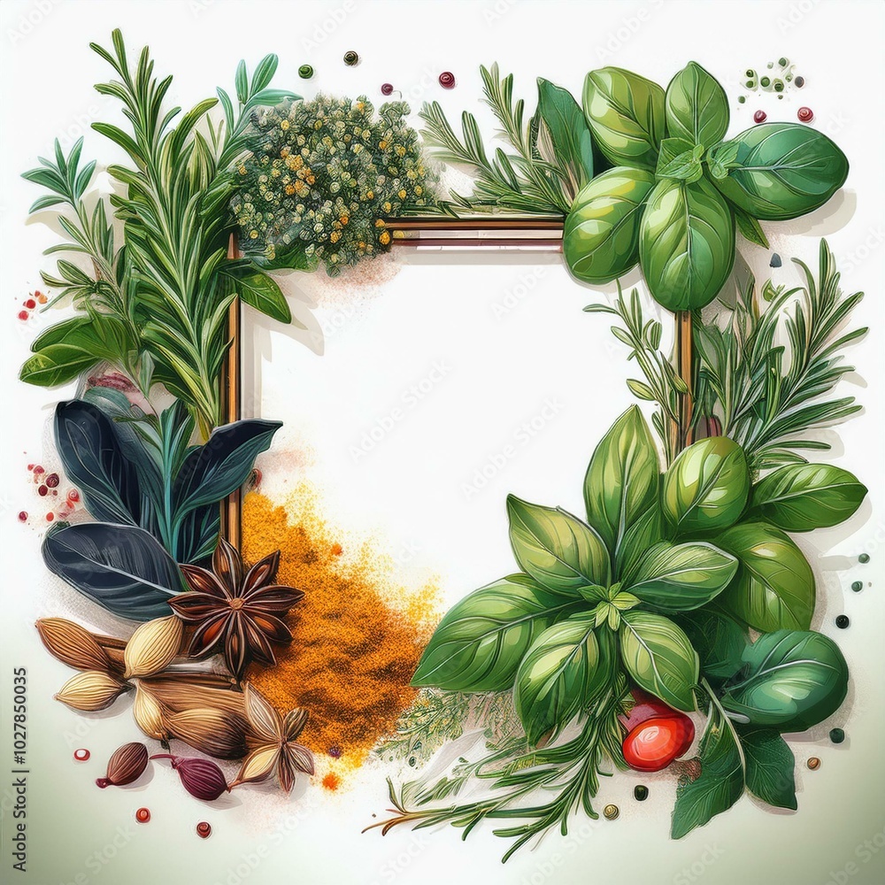Aufkleber frame border food design element spices and herbs with real transparent shadow on white background v