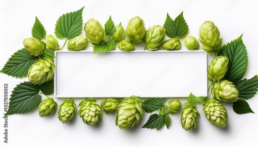 Poster frame border fresh hop seed cones and leaves collection with real transparent shadow isolated on whi