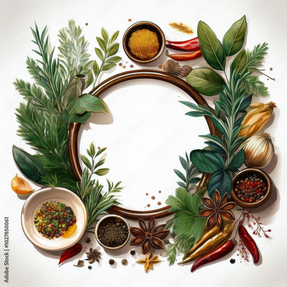 Poster frame border food design element spices and herbs with real transparent shadow on white background v