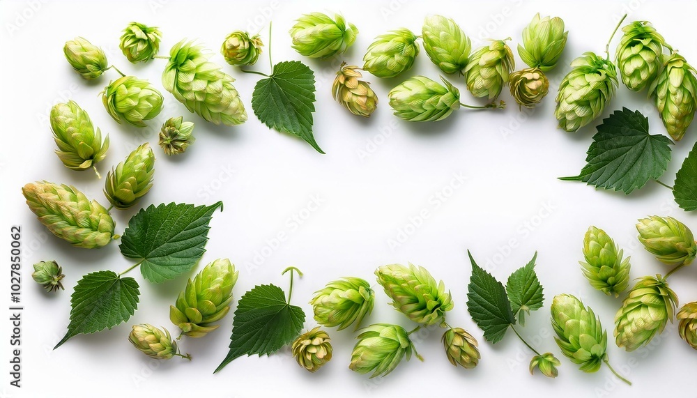 Poster frame border fresh hop seed cones and leaves collection with real transparent shadow isolated on whi
