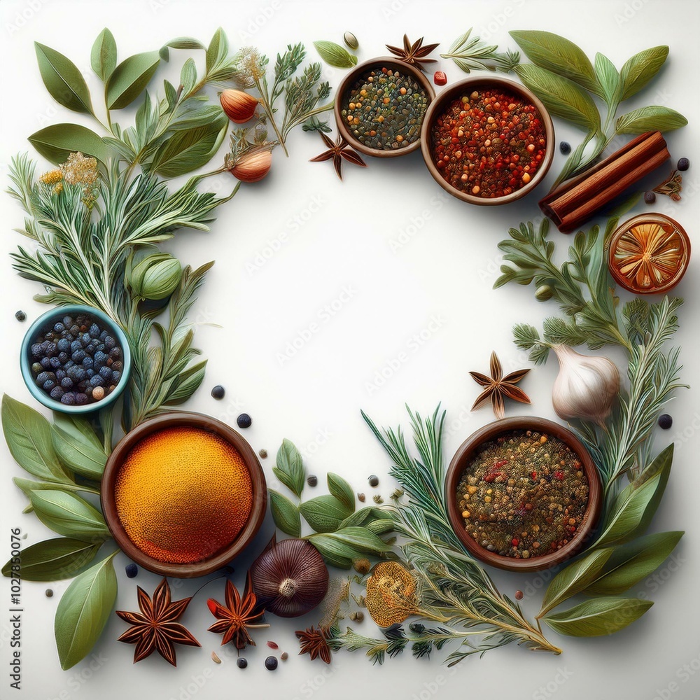 Poster frame border food design element spices and herbs with real transparent shadow on white background v