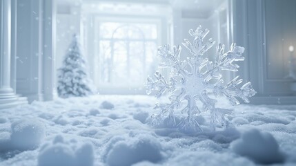 Fototapeta premium Creative winter card with snowflakes in interior, falling snow, winter concept, solid background