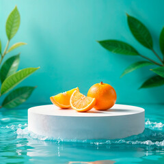 Orange with slices on podium against tropical background