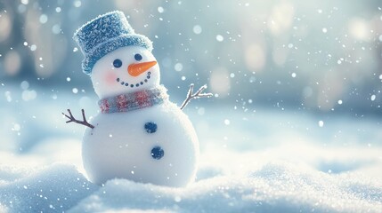 A snowman in a snowy background, empty space, serene, minimal, winter atmosphere