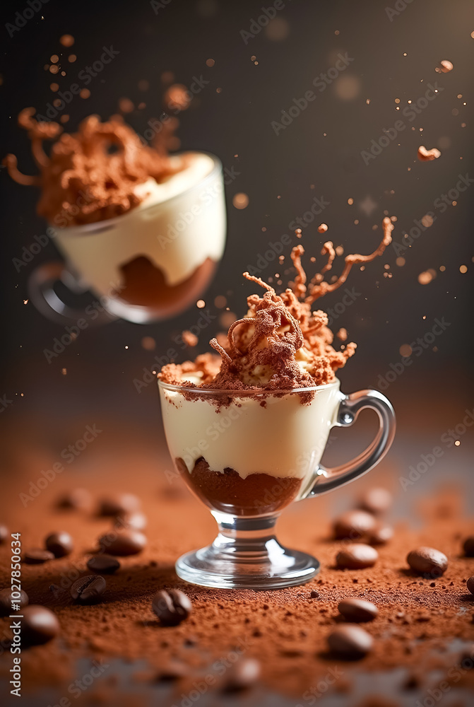 Poster an enticing dessert features creamy layers and rich chocolate, topped with a dusting of cocoa. choco