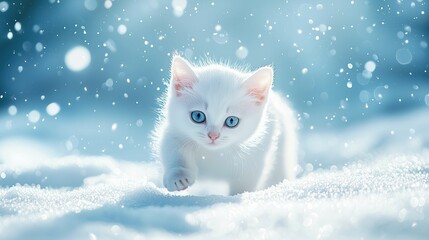Fototapeta premium A white cat in a snowy background, empty space, serene, minimal, winter atmosphere