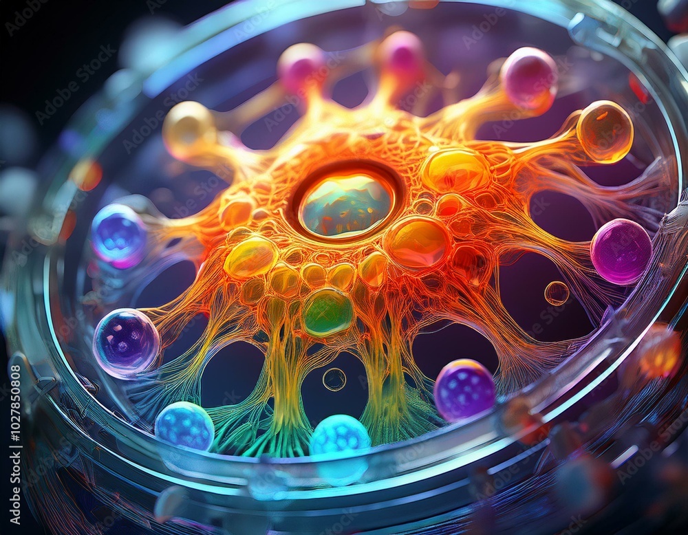 Poster generative ai illustration of abstract colorful stem cell under microscope view in laboratory