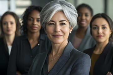 Portrait of diverse business women standing confidently in an office, with an older woman with gray hair in a suit at the center.