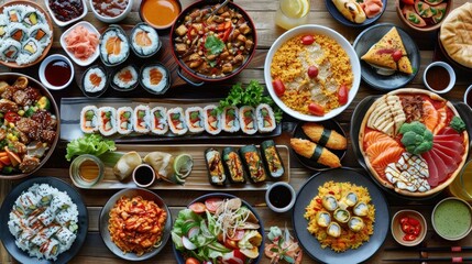 Fototapeta premium An enticing display of diverse global cuisines features sushi, fried rice, seafood, and various appetizers, creating a festive atmosphere perfect for celebration and sharing