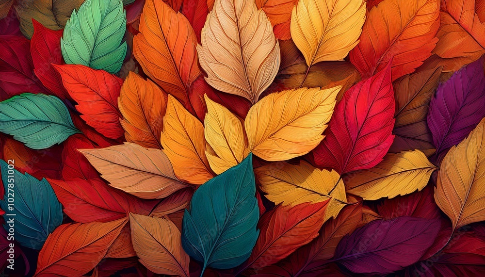 Poster generative ai illustration of full frame background consisting of pile of multicolored autumn leaves