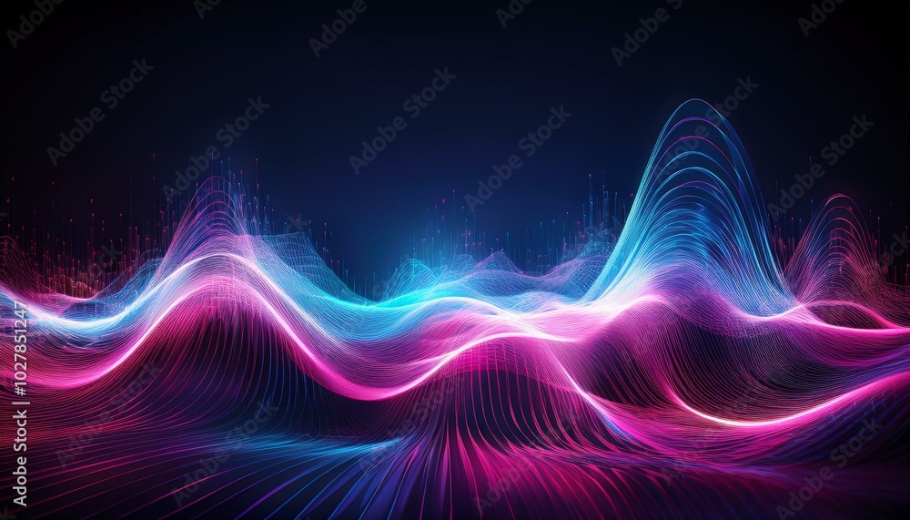 Poster generative ai image of abstract illustration of pink blue frequency signal waves as particles passin