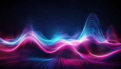 generative ai image of abstract illustration of pink blue frequency signal waves as particles passing in medium against dark background
