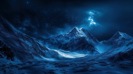 Foggy mountains under a dark navy sky with shining stars, creating a serene winter landscape