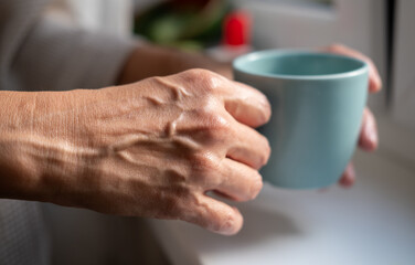 Mature woman hands is holding tea or coffee cup near window at home. Concept of domestic lifestyle. Cropped photo of modern happy middle aged lady wearing bathrobe at sunny day