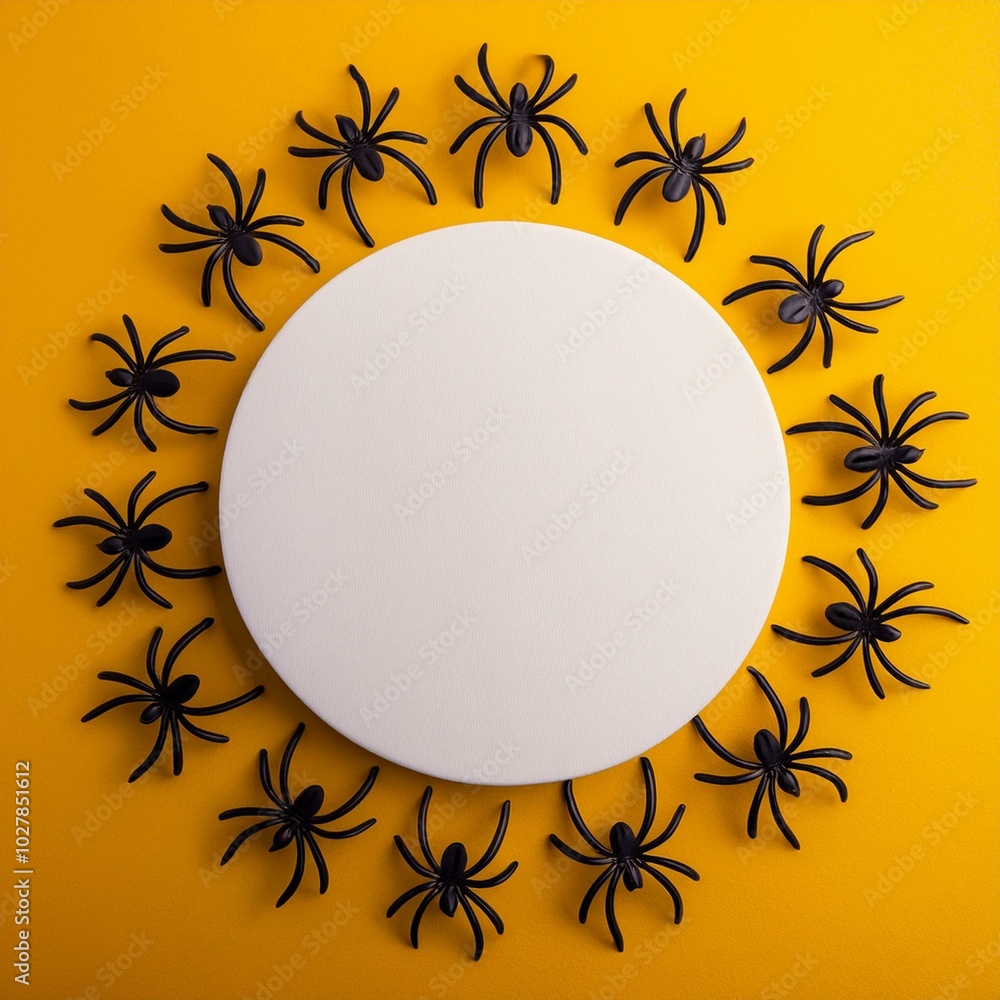 Poster halloween background top view of empty white round layout for text and black spiders on yellow backg