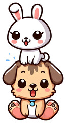 Obraz premium Cute cartoon bunny and puppy stacked in adorable pose