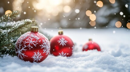 Red Christmas ornaments in snow, surrounded by pine branches and warm holiday lights, perfect for Christmas and New Year backgrounds.