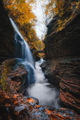 Bridge Over Waterfall River Watkins Glen State Park. Autumn Season Incredible Stone Canyon Gorge Fantasy Location in New York. Fall Foliage Rock