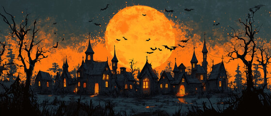 A haunting Halloween scene featuring a large, glowing full moon dominating the background, casting an eerie light over a row of small, whimsical, and slightly crooked houses with pointed roofs.
