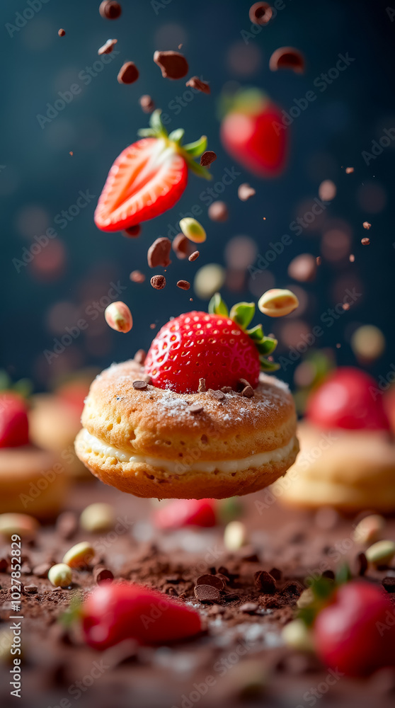 Poster a scrumptious dessert features a floating donut topped with a fresh strawberry, surrounded by scatte