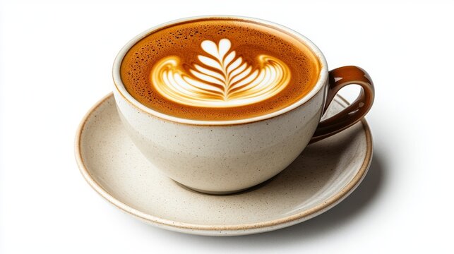 A close-up of a coffee cup with intricate latte art on a white background