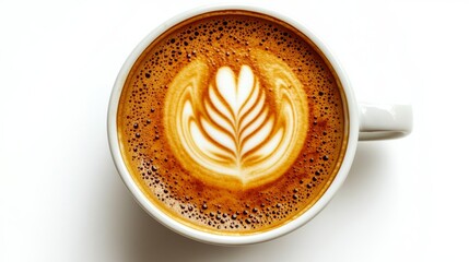 A close-up of a coffee cup with intricate latte art on a white background