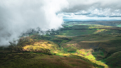 Aerial drone view of the hills and fields of Yorkshire, UK
