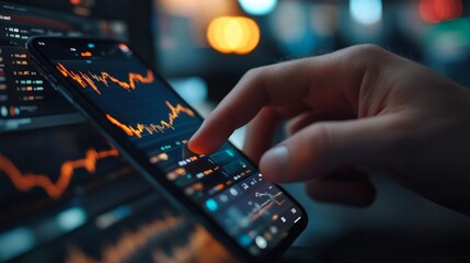 Obraz premium A close-up of a hand using a smartphone to trade stocks, real-time market data visible