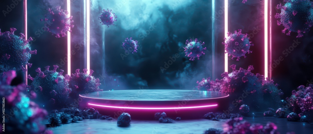 Poster a futuristic stage with glowing neon lights and floating virus elements, creating a surreal atmosphe