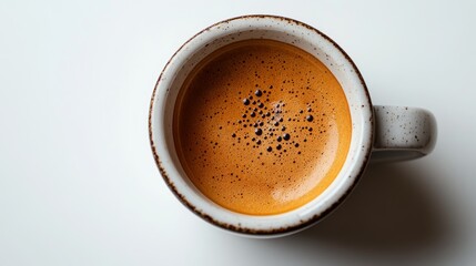 A close-up of a steaming coffee cup on a white background