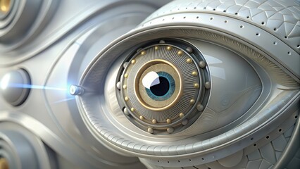A Close-Up of a Metallic Eye with a Golden Ring and Blue Iris