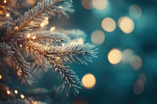 Fundo de natal com &aacute;rvore em primeiro plano e fundo desfocado com espa&ccedil;o para texto e conte&uacute;dos
