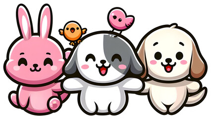 Obraz premium Cute cartoon animals, bunny, puppy, and bird friends illustration