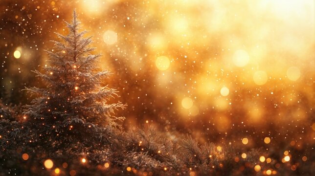 Papel de parede natalino amarelo com uma árvore de Natal cintilante e luzes desfocadas, com espaço para texto e conteúdo