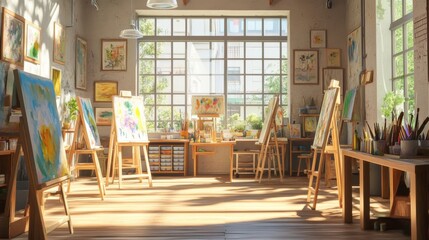 Artist's Studio with Easel and Paintings.