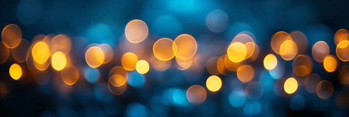 Obraz premium Golden bokeh lights in festive background with blue tones. Perfect for Christmas and New Year celebrations.