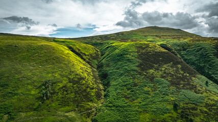 Aerial drone view of the hills and fields of Yorkshire, UK