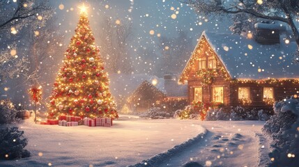 Obraz premium A picturesque winter scene featuring a decorated Christmas tree, cozy cabin, and gently falling snow, evoking holiday warmth.