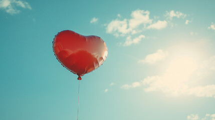 Fototapeta premium St. Valentine's Day, Cheerful red heart balloon soaring freely in sunny blue sky with fluffy clouds 