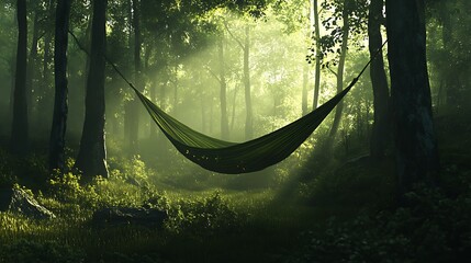Obraz premium A dark hammock hangs in a lush, green forest. Sunlight filters through the trees.