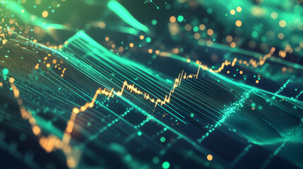 Fototapeta premium A 3D graph made of lines and particles that looks like it's floating. It shows data and trends, like a stock market chart. The background is green and has wavy, glowing lines.
