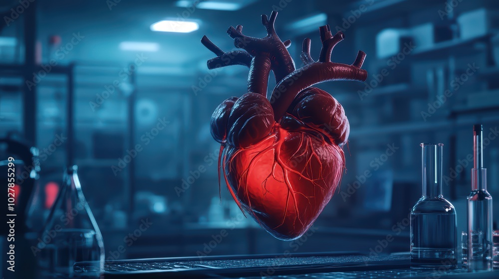 Poster a realistic 3d rendering of a human heart floating in a laboratory setting, highlighting its anatomi
