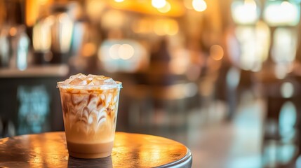 A refreshing iced coffee sits on a wooden table, showcasing a creamy texture in a cozy cafe atmosphere with soft background lights.