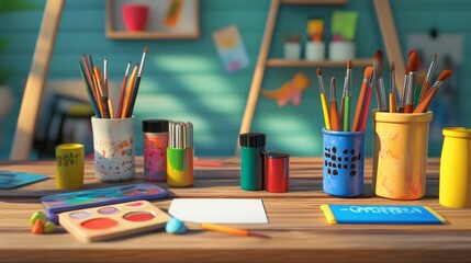 Artist's Workspace with Brushes, Paints, and Paper.